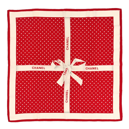 Chanel Silk Logo Ribbon Square Scarf Red White 1 of 3
