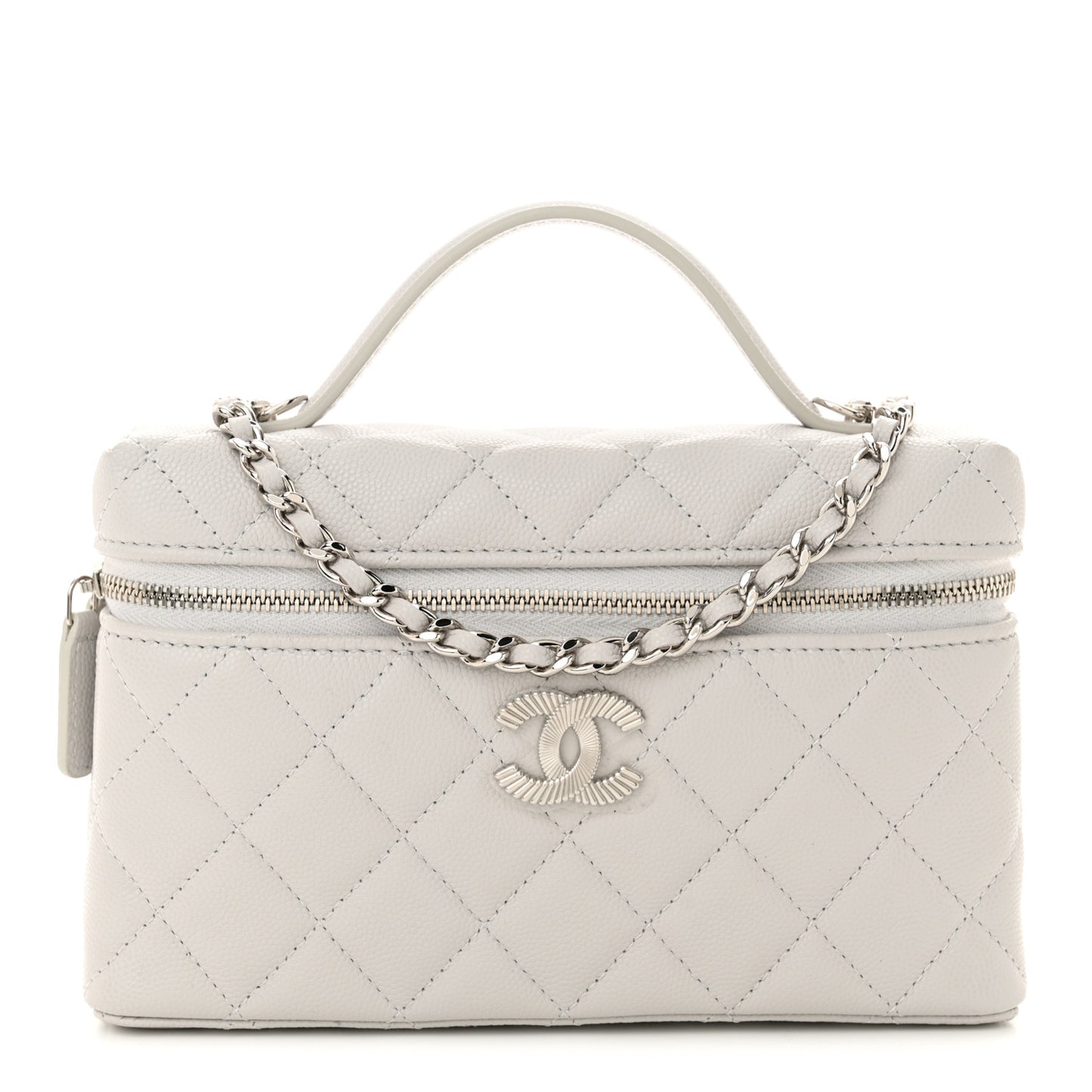 Caviar Quilted Ridged CC Top Handle Slim Vanity Case With Chain Light Grey