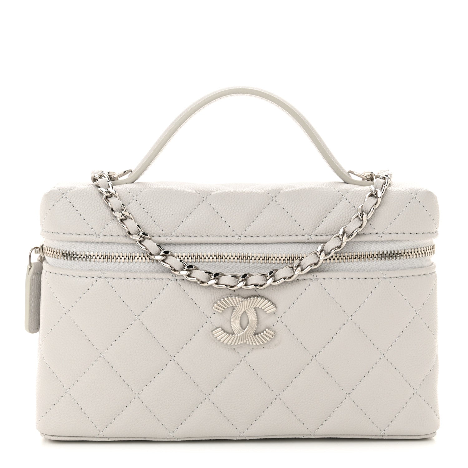 Chanel Caviar Quilted Ridged CC Top Handle Slim Vanity Case With Chain Light Grey 1 of 11