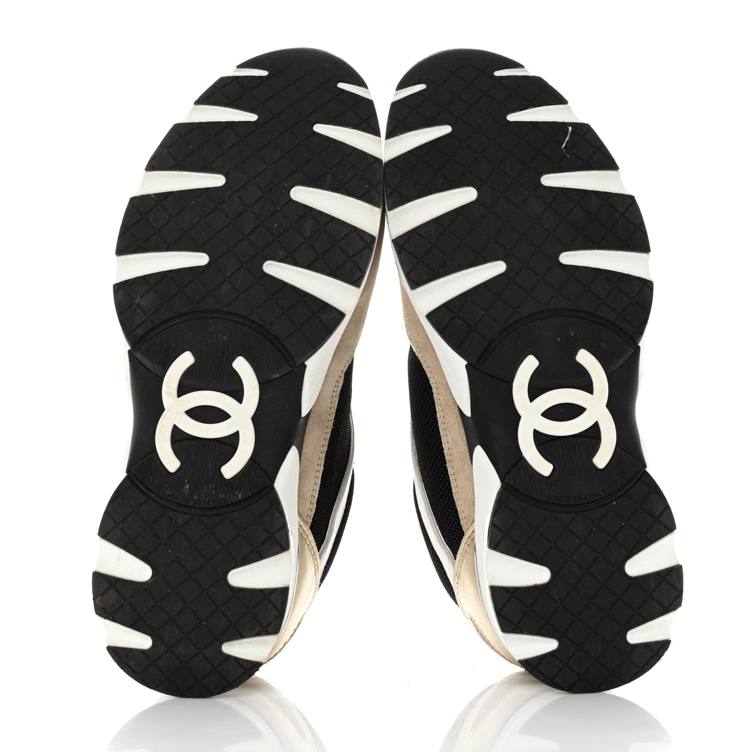 Chanel Mesh Suede Calfskin Womens CC Sneakers 38 White Black Beige Gold 8 of 9