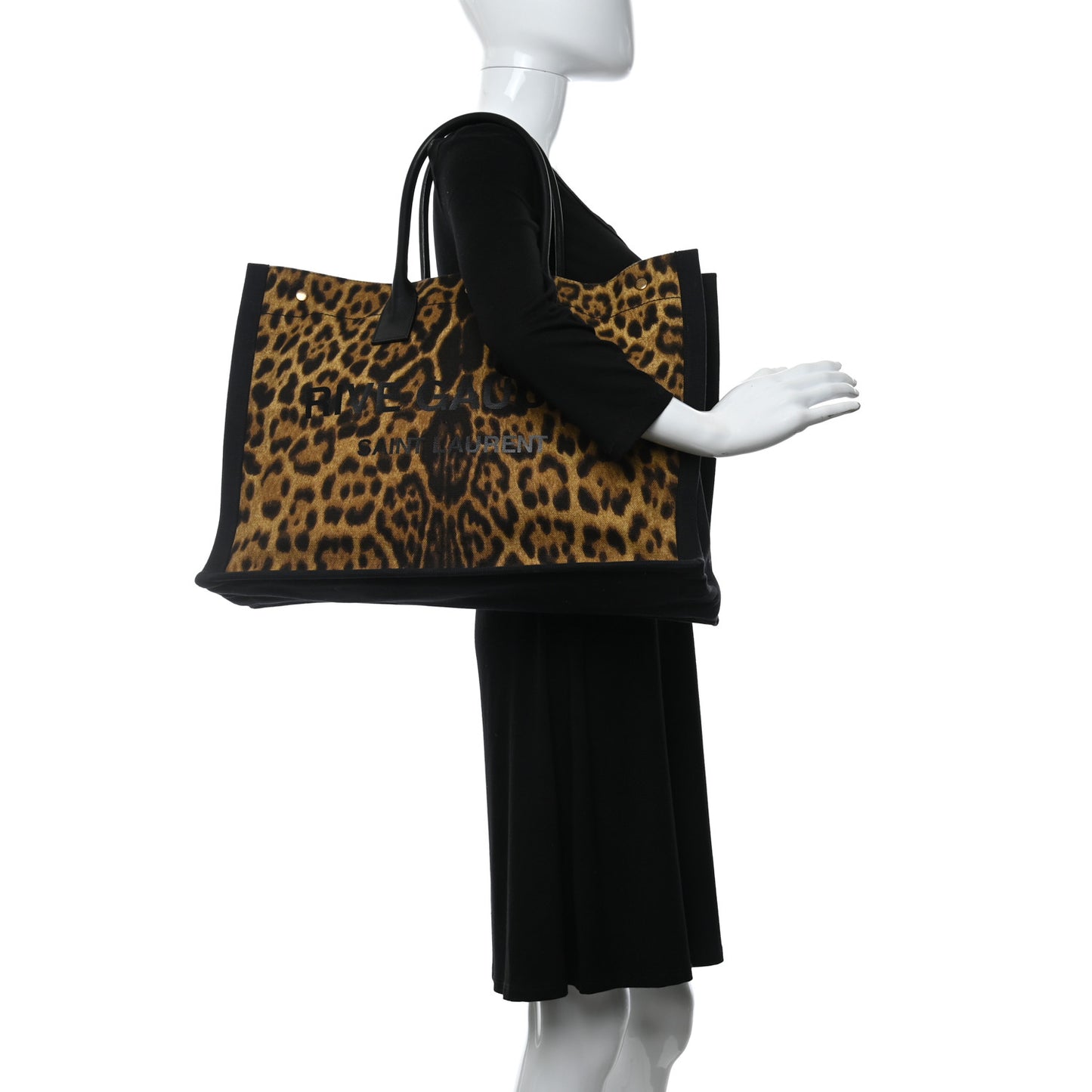 Canvas Calfskin Leopard Print Rive Gauche Noe Tote Natural Black