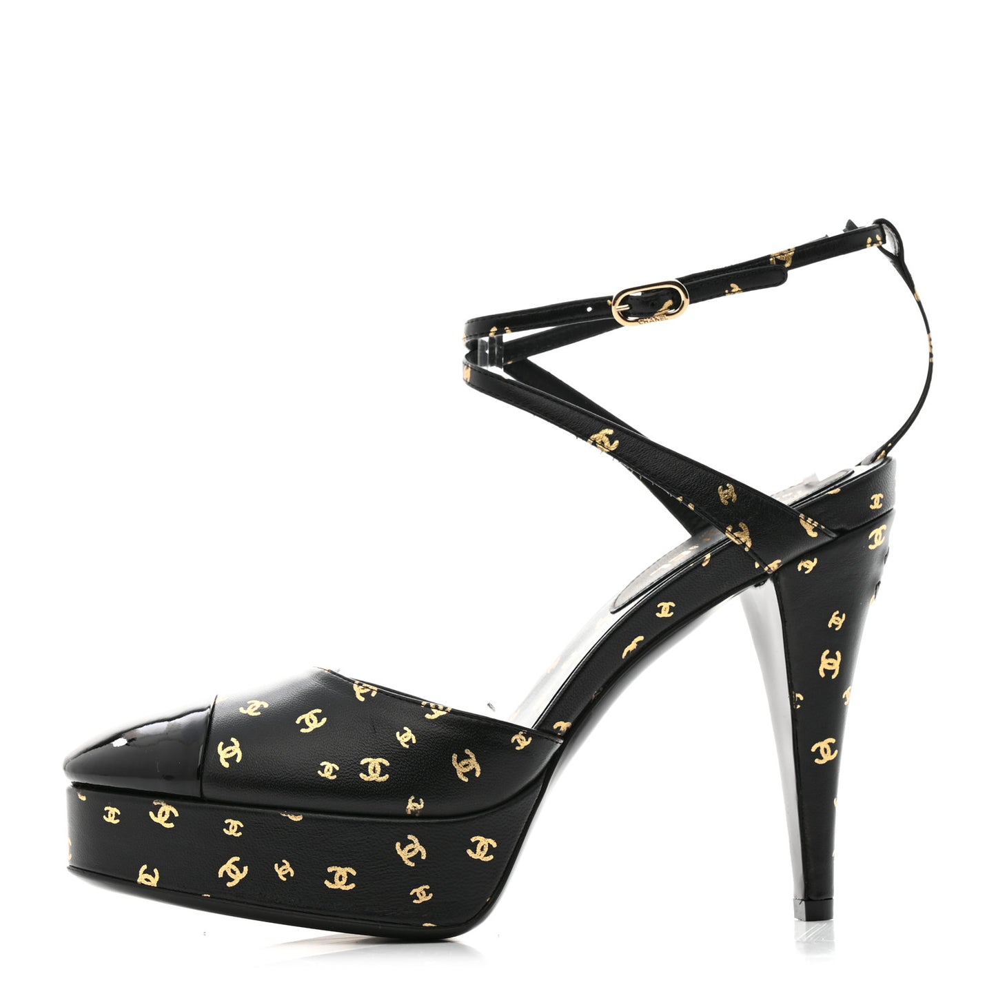 Printed Lambskin CC Platform Pumps 37 Black Gold