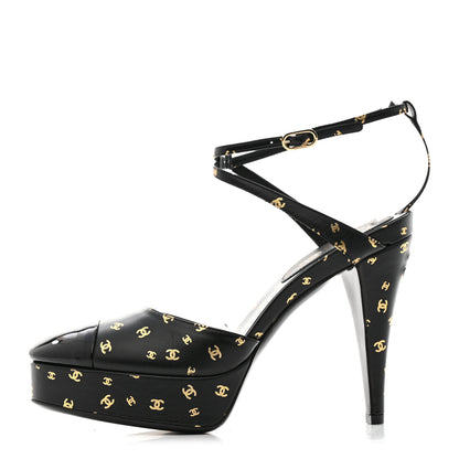 Chanel Printed Lambskin CC Platform Pumps 37 Black Gold 1 of 9