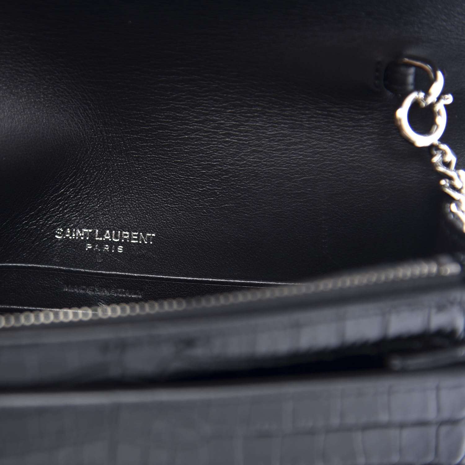 Saint Laurent Calfskin Crocodile Embossed Monogram Sunset Top Handle Chain Wallet Black 9 of 12