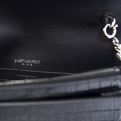 Saint Laurent Calfskin Crocodile Embossed Monogram Sunset Top Handle Chain Wallet Black 9 of 12