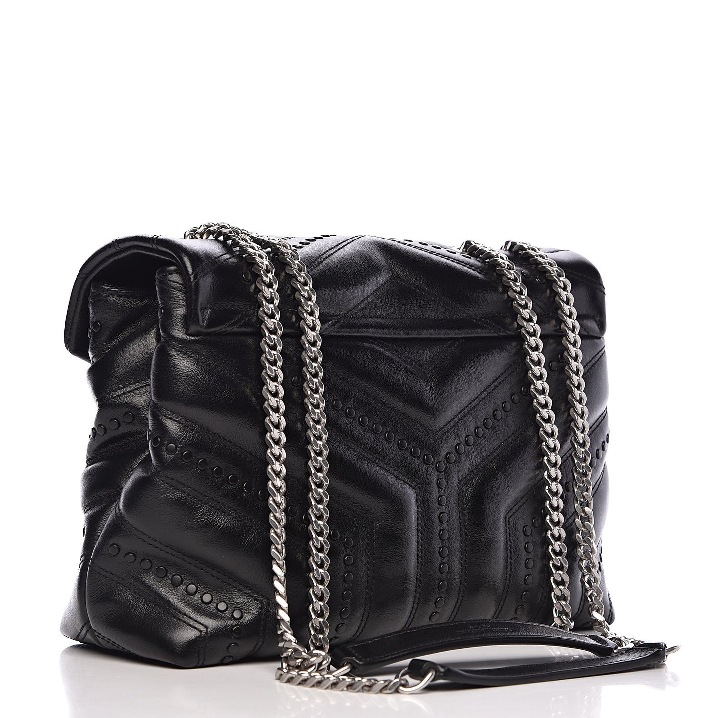 Calfskin Y Quilted Studded Monogram Small Loulou Chain Satchel Black