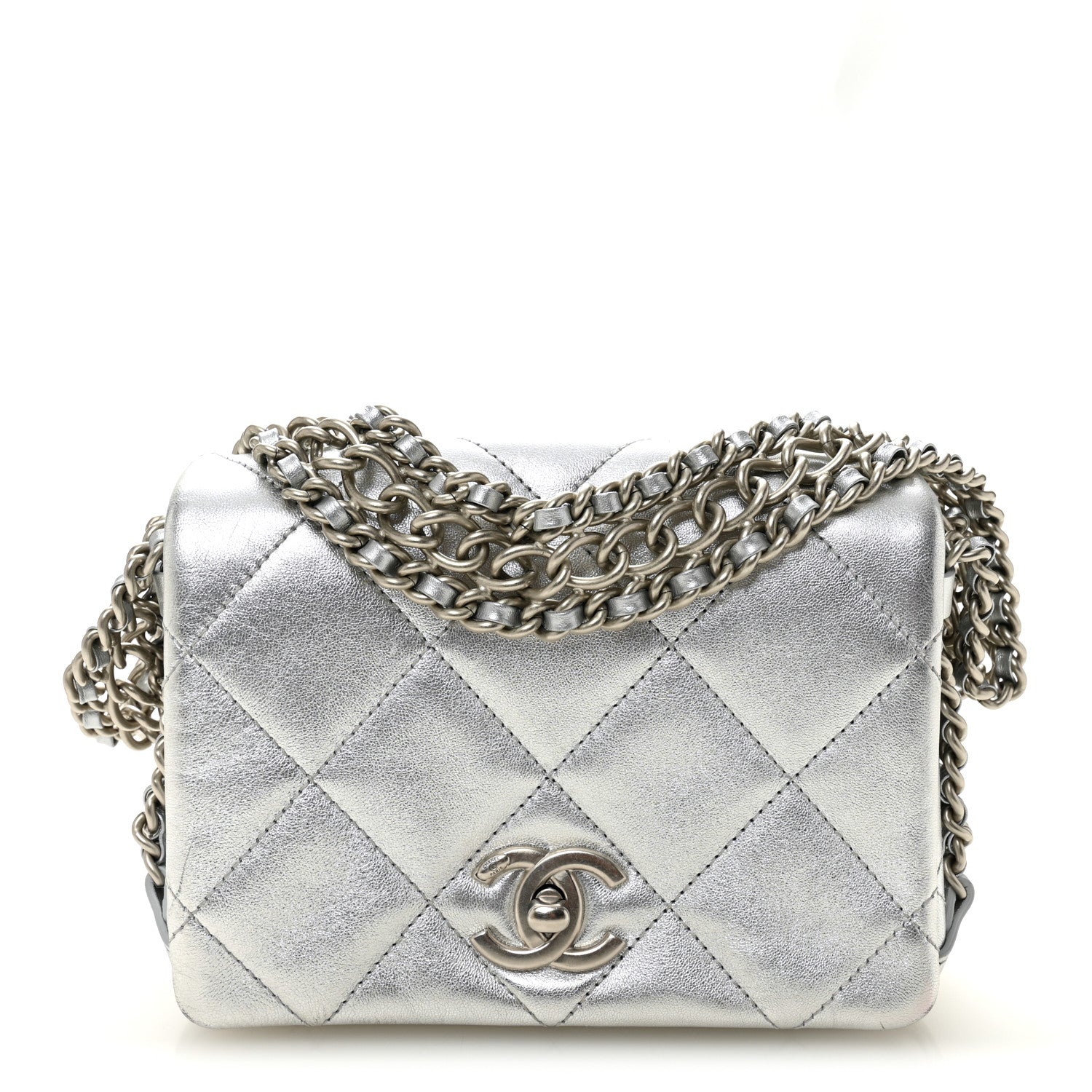 茶*様 Chanel Silver ヴィンテージバッグ Chanel Metallic Lambskin Quilted Mini Chain Rows Flap Silver