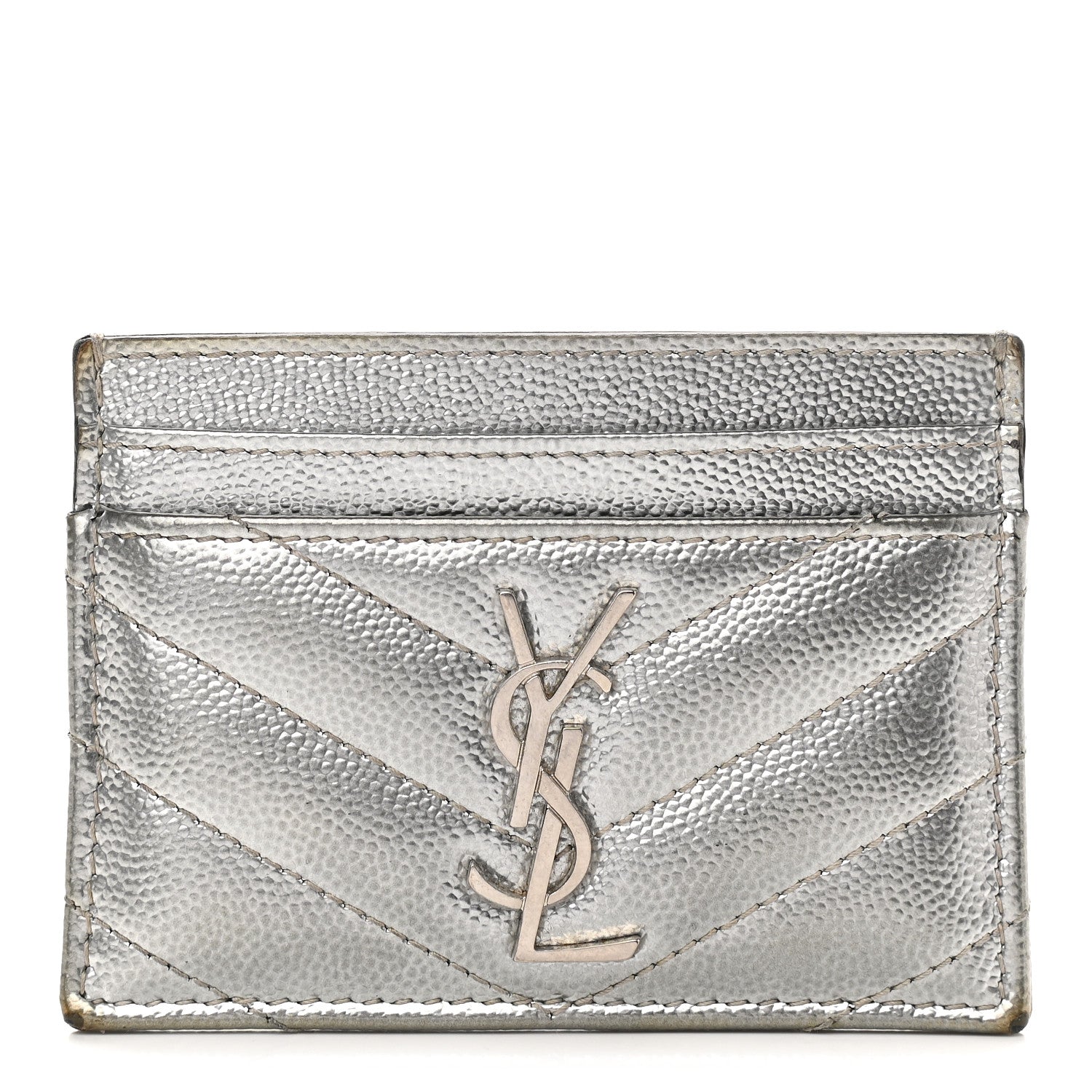 Saint Laurent Metallic Grain De Poudre Matelasse Chevron Monogram Credit Card Case Argento 1 of 7