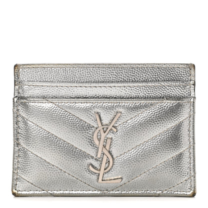 Saint Laurent Metallic Grain De Poudre Matelasse Chevron Monogram Credit Card Case Argento 1 of 7