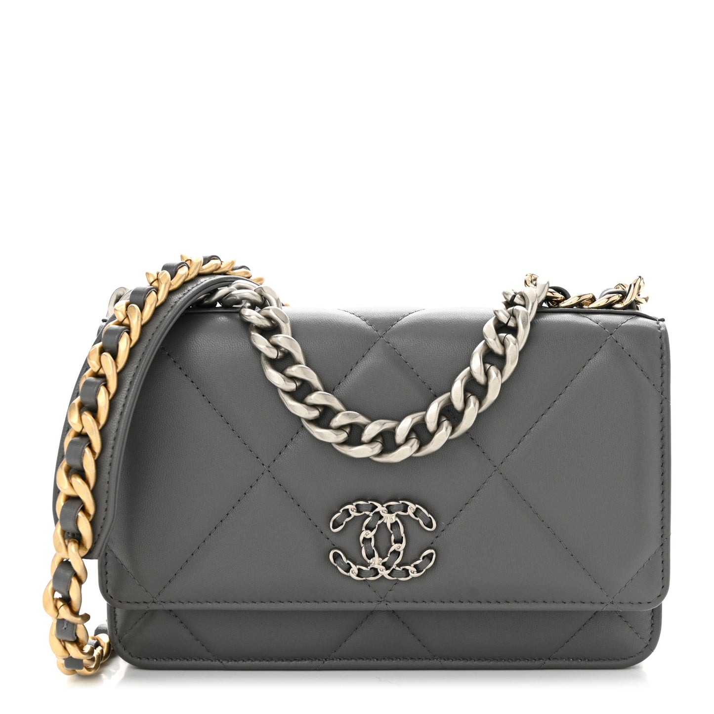 Lambskin Quilted Chanel 19 Wallet On Chain WOC Dark Grey