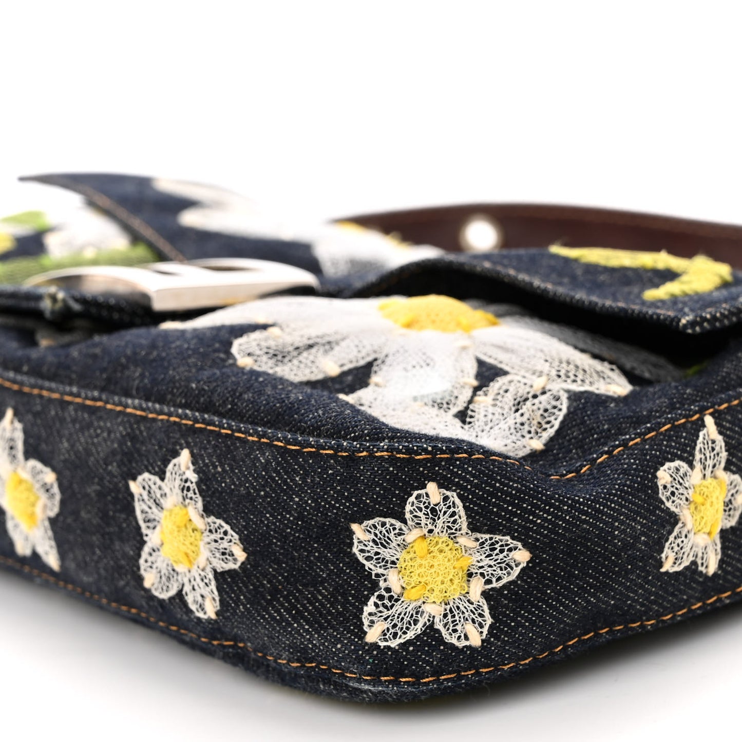 Denim Flower Applique Baguette Blue