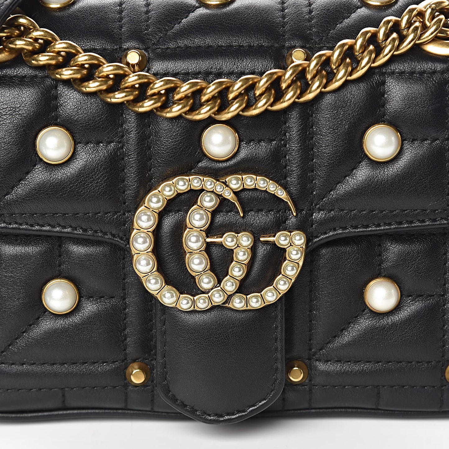Calfskin Matelasse Studded Mini Pearly GG Marmont Shoulder Bag Black