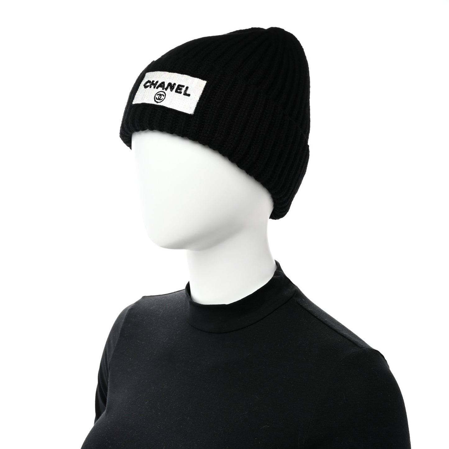 Cashmere Beaded Sequin Logo Beanie Hat Black