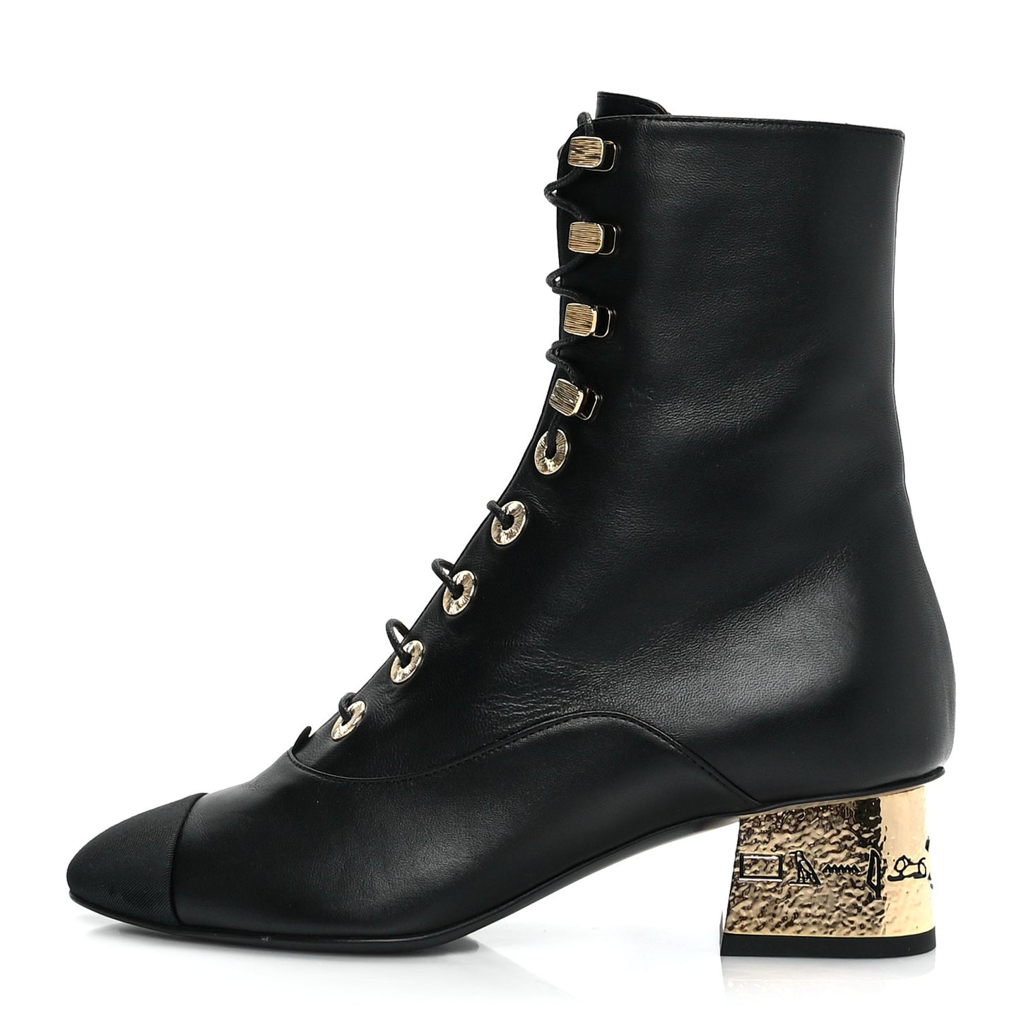 Lambskin Grosgrain Cap Toe Egyptian Amulet CC Lace Up Boots 35 Black