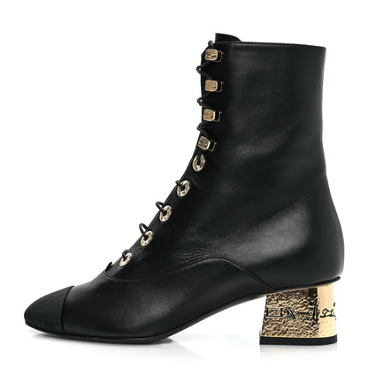 Chanel Lambskin Grosgrain Cap Toe Egyptian Amulet CC Lace Up Boots 35 Black 1 of 10