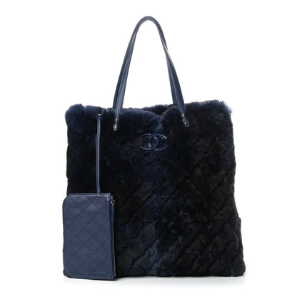 Chanel Rabbit Fur Quilted Pattern Shopping Tote Navy 1 of 9