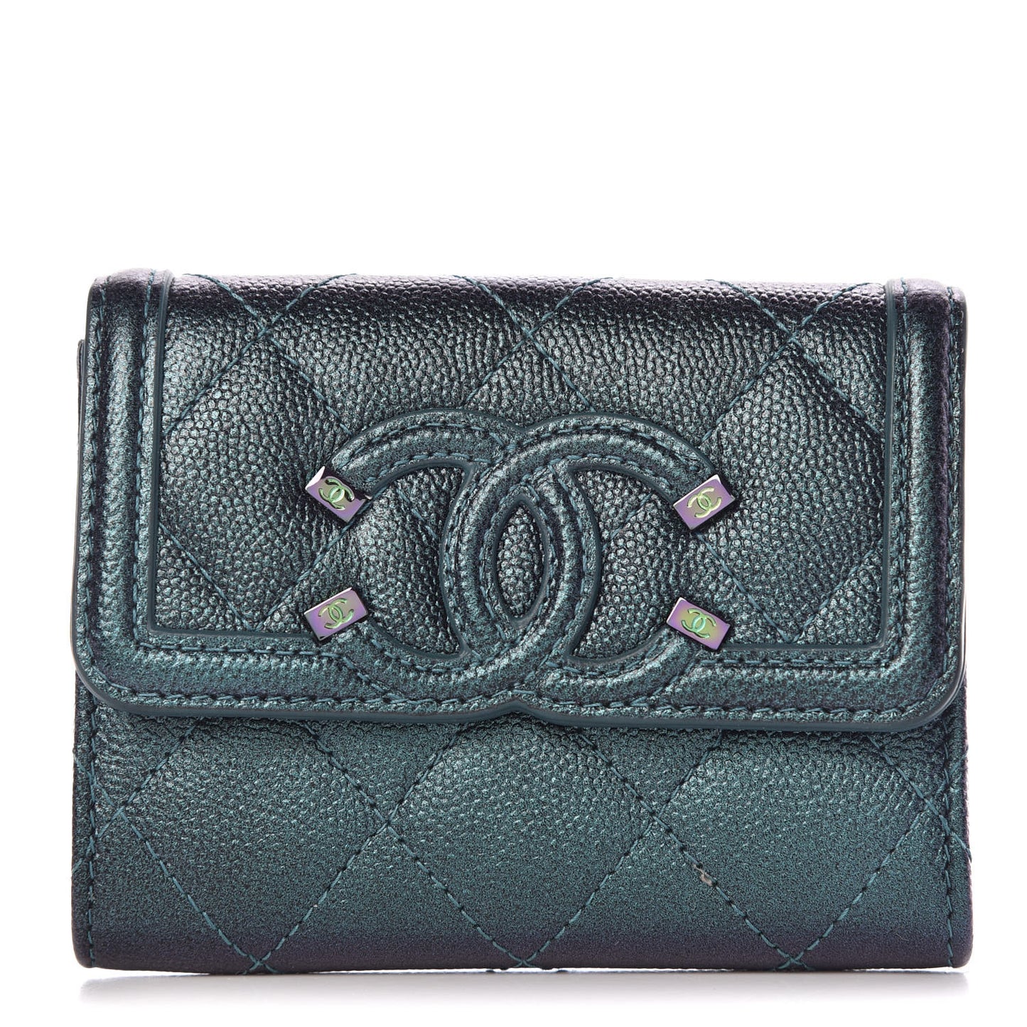 Iridescent Caviar Quilted Filigree Card Holder Dark Turquoise