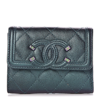 Chanel Iridescent Caviar Quilted Filigree Card Holder Dark Turquoise 1 of 12