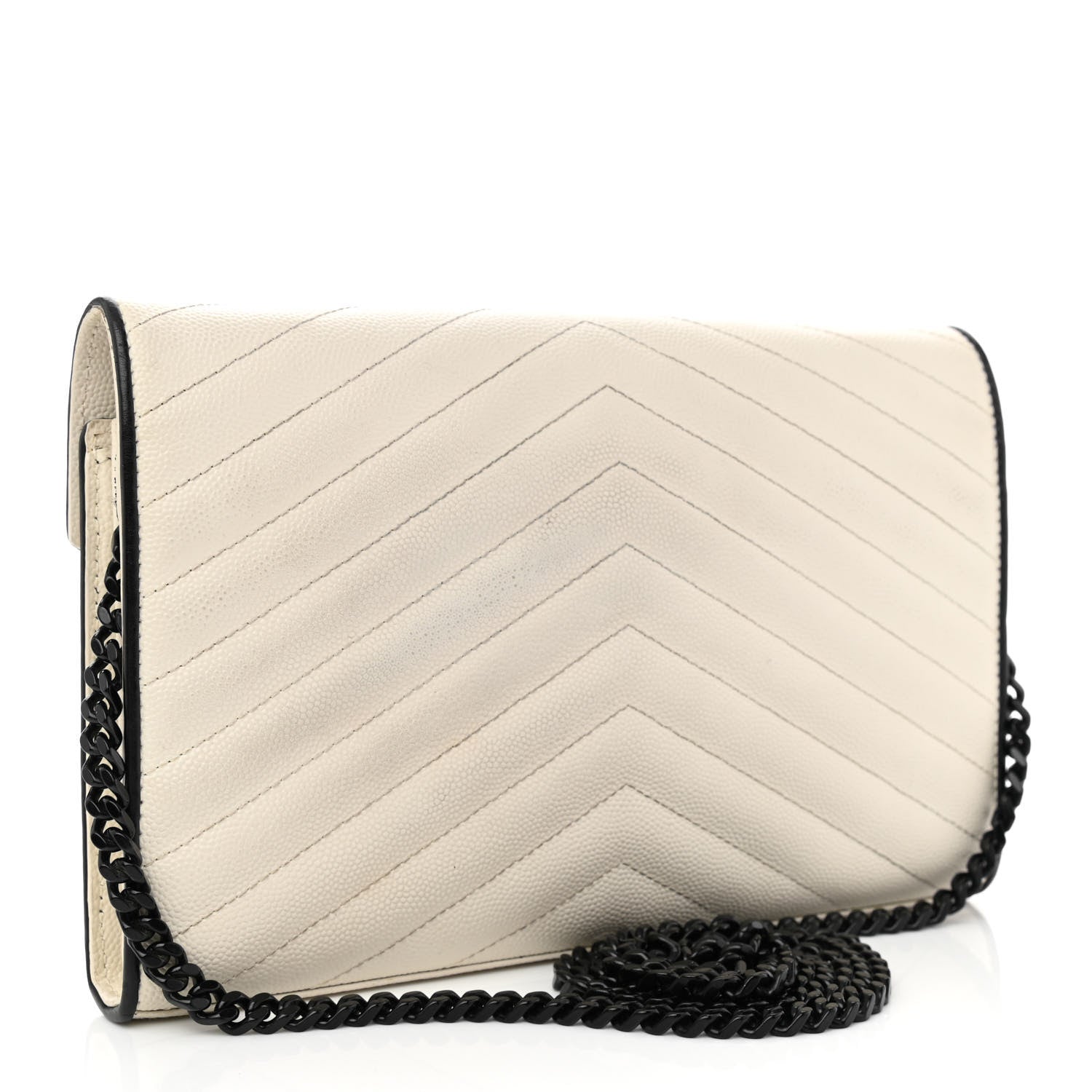 Saint Laurent Grain De Poudre Matelasse Monogram Chain Wallet White Black 3 of 17