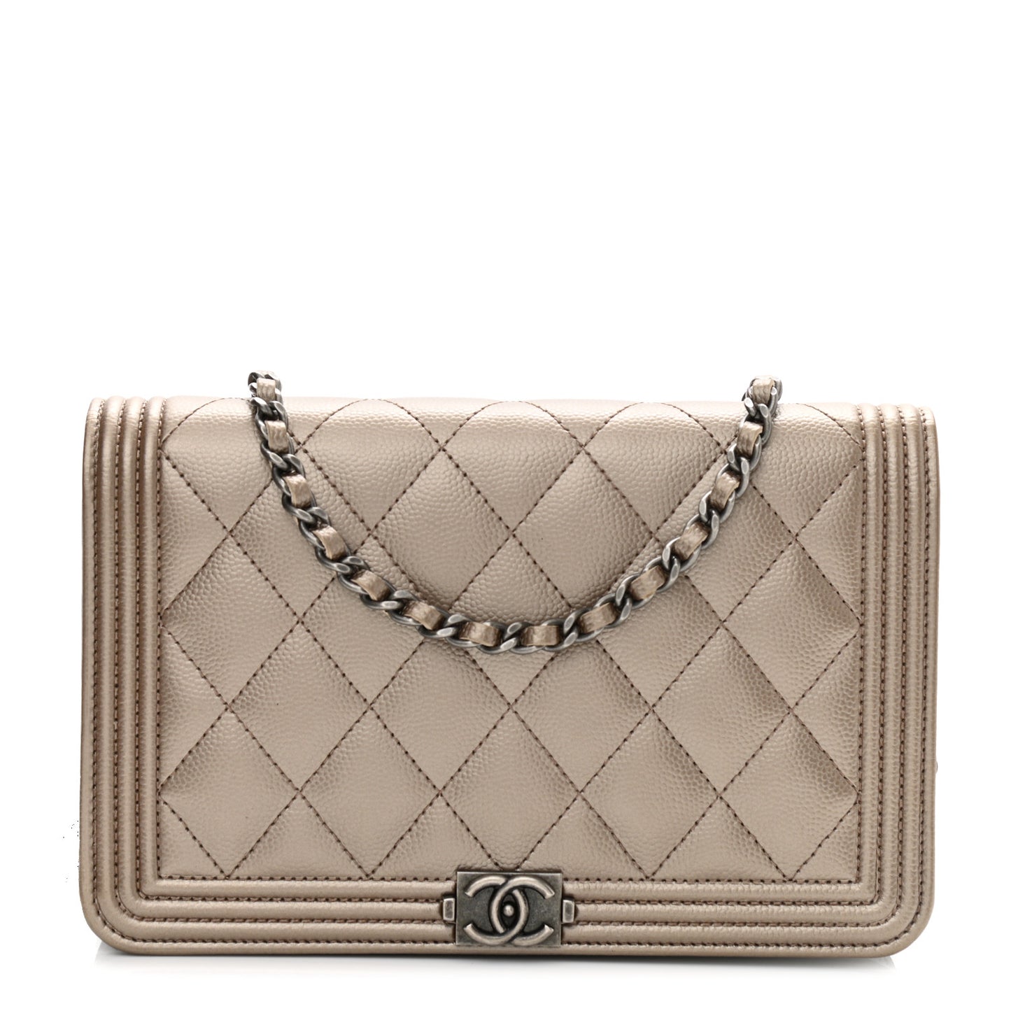 Metallic Caviar Quilted Boy Wallet On Chain WOC Light Gold