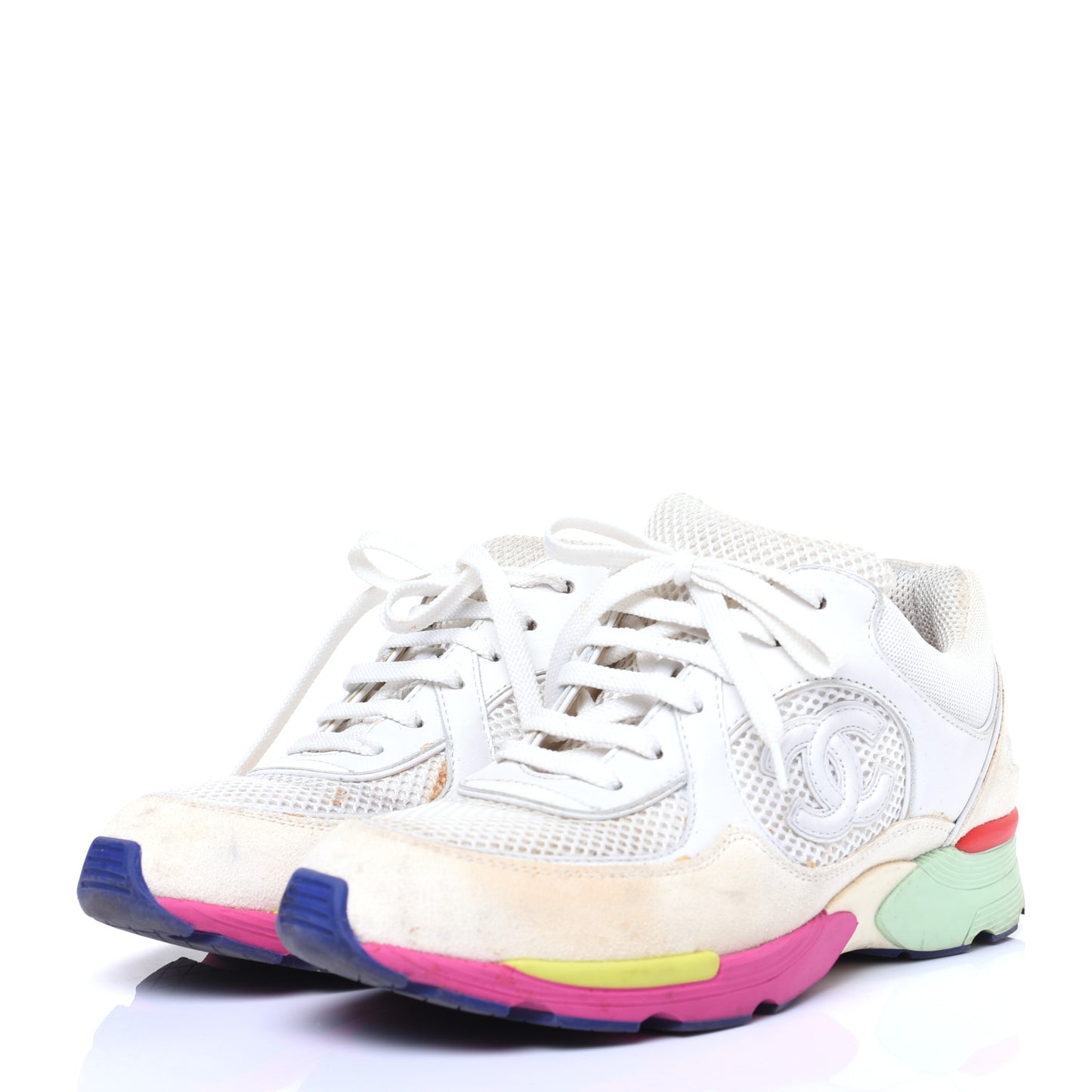 Suede Calfskin CC Sneakers 37 White Pink Green