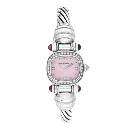 David Yurman Sterling Silver Diamond Bezel Pink Mother of Pearl Pink Tourmaline 21mm Classic Cable Quartz Watch 1 of 5