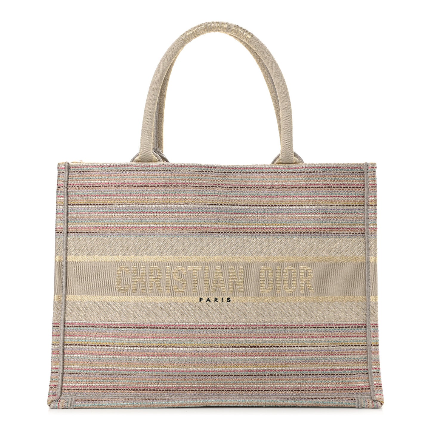 Canvas Embroidered Medium Stripes Book Tote Beige Multicolor