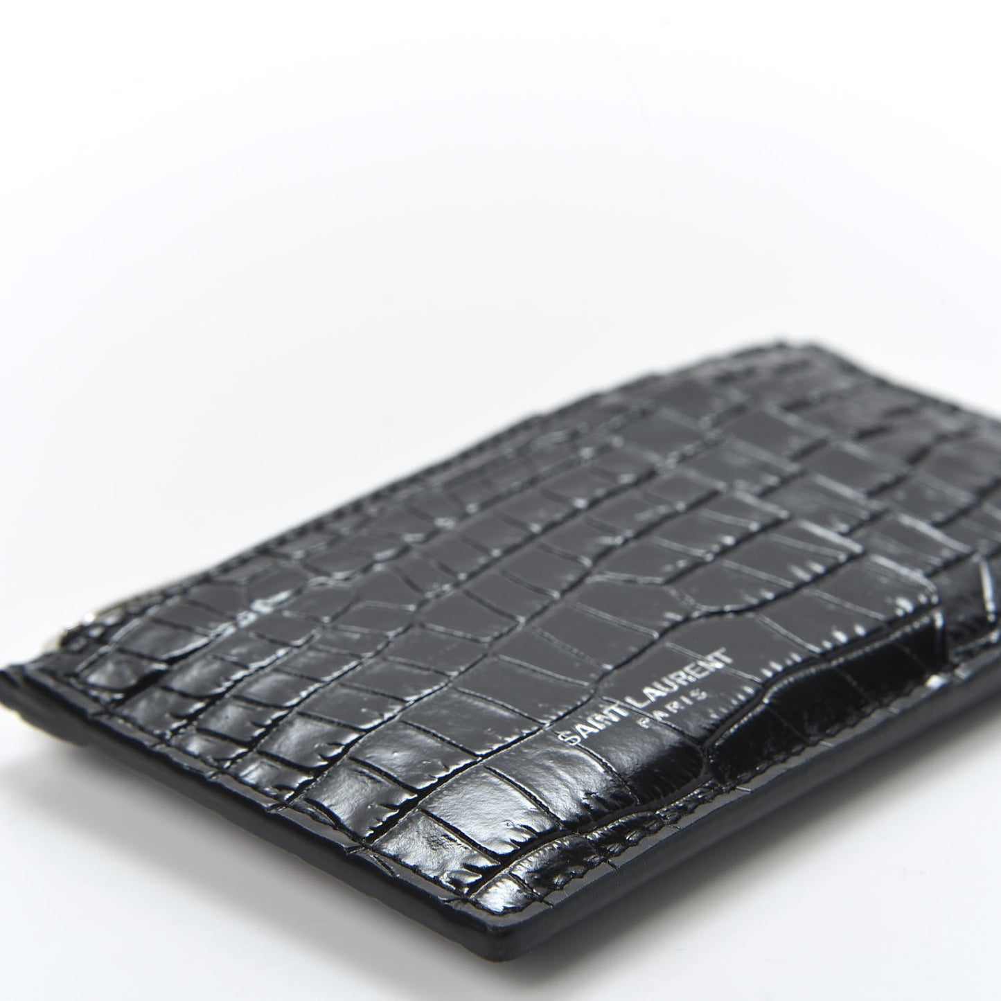Calfskin Crocodile Embossed 5 Fragments Zip Pouch Card Holder Black