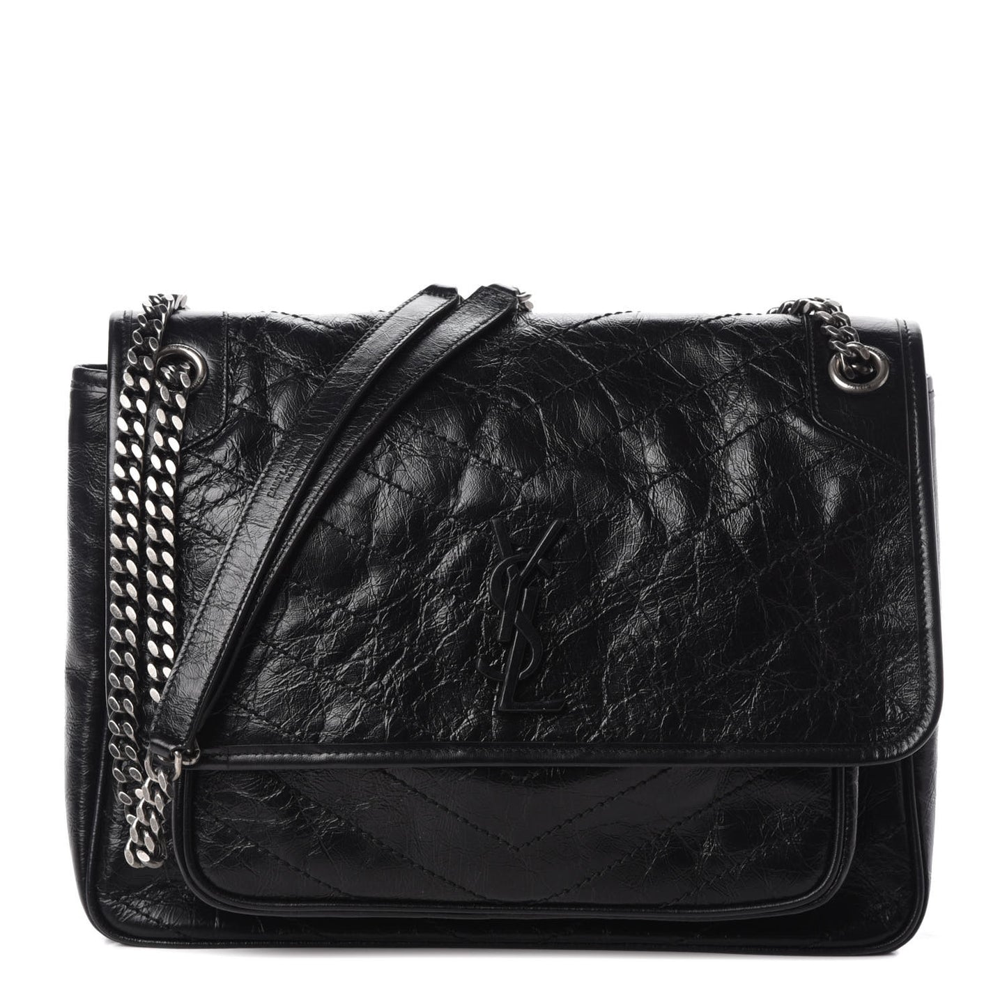 Crinkled Calfskin Matelasse Monogram Large Niki Chain Satchel Black