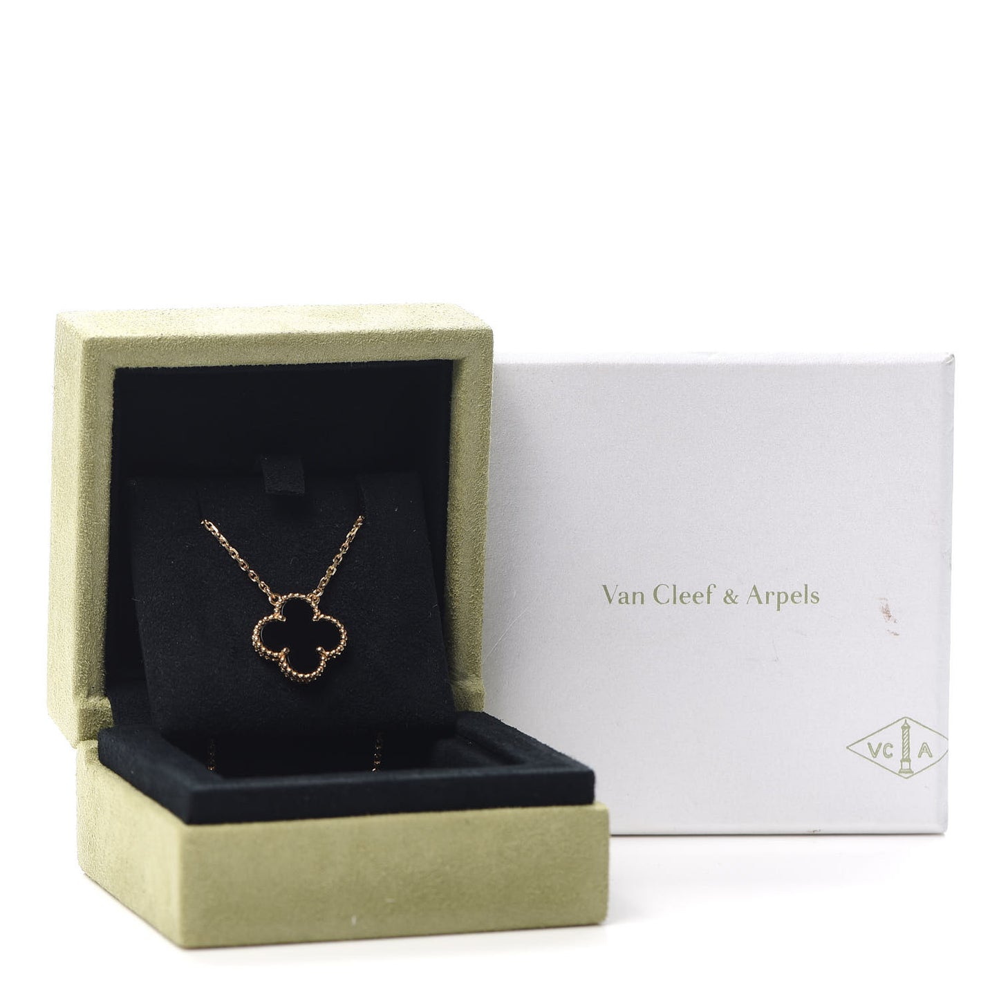 18K Yellow Gold Black Onyx Vintage Alhambra Pendant Necklace