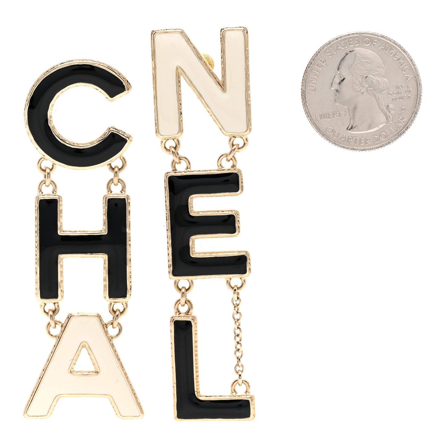 Metal Enamel Cha-Nel Logo Drop Earrings Black White