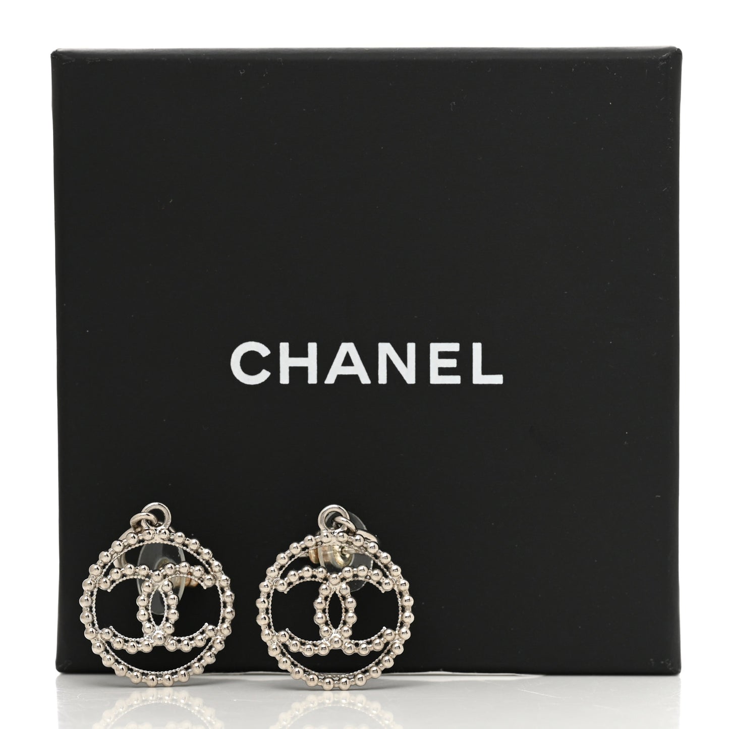 Metal Bead Round CC Drop Earrings Silver