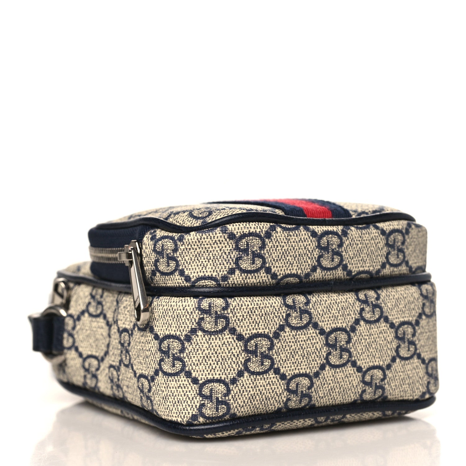 Gucci GG Supreme Monogram Textured Dollar Calfskin Web Mini Ophidia Double Zip Messenger Bag Beige Blue 4 of 10