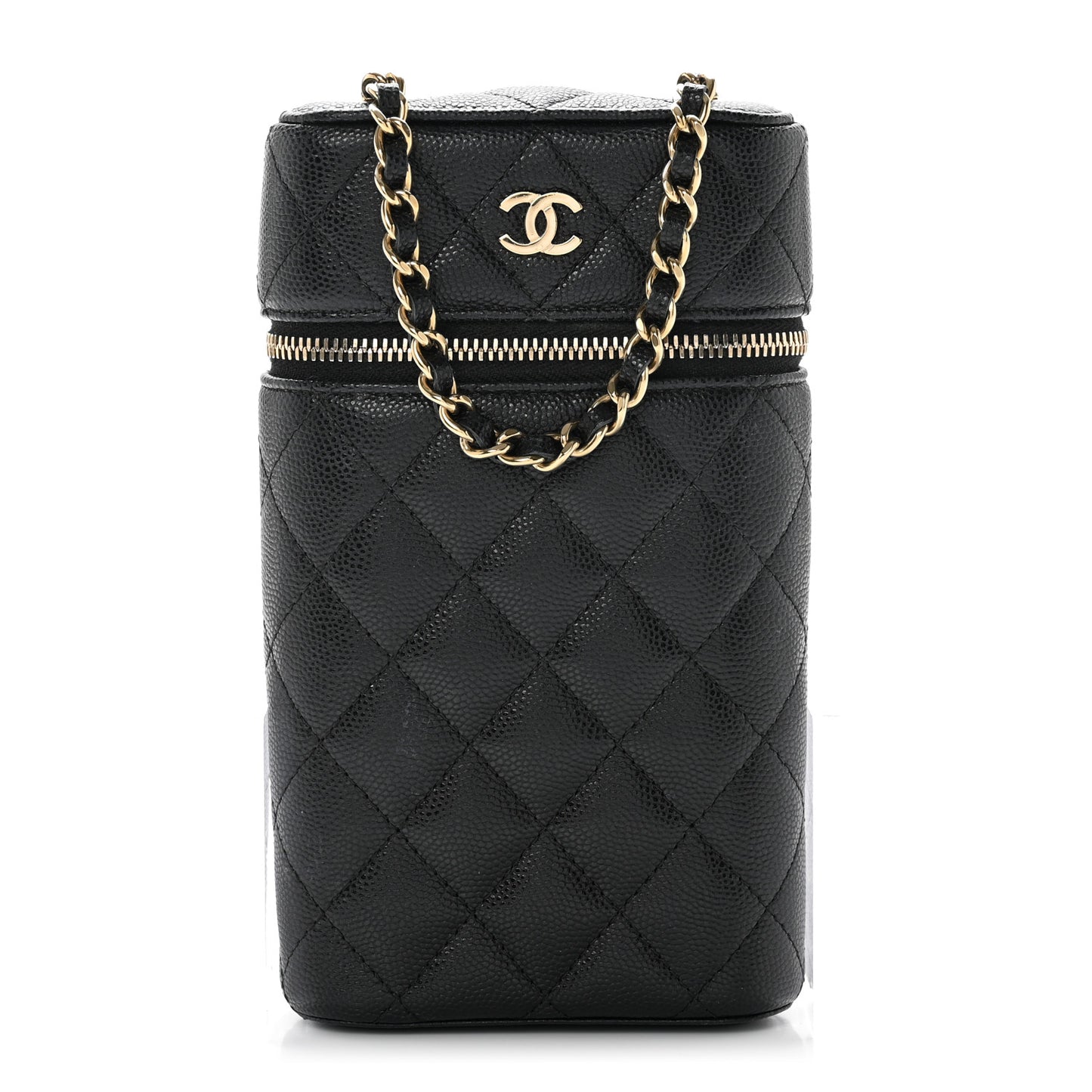 Caviar Quilted Phone Holder With Chain Black