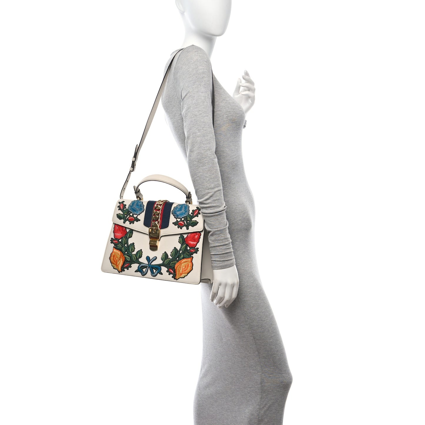 Calfskin Floral Medium Sylvie Top Handle Bag Off White