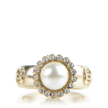 Chanel Pearl Crystal CC Ring 54 7 Gold Pearly White 1 of 5