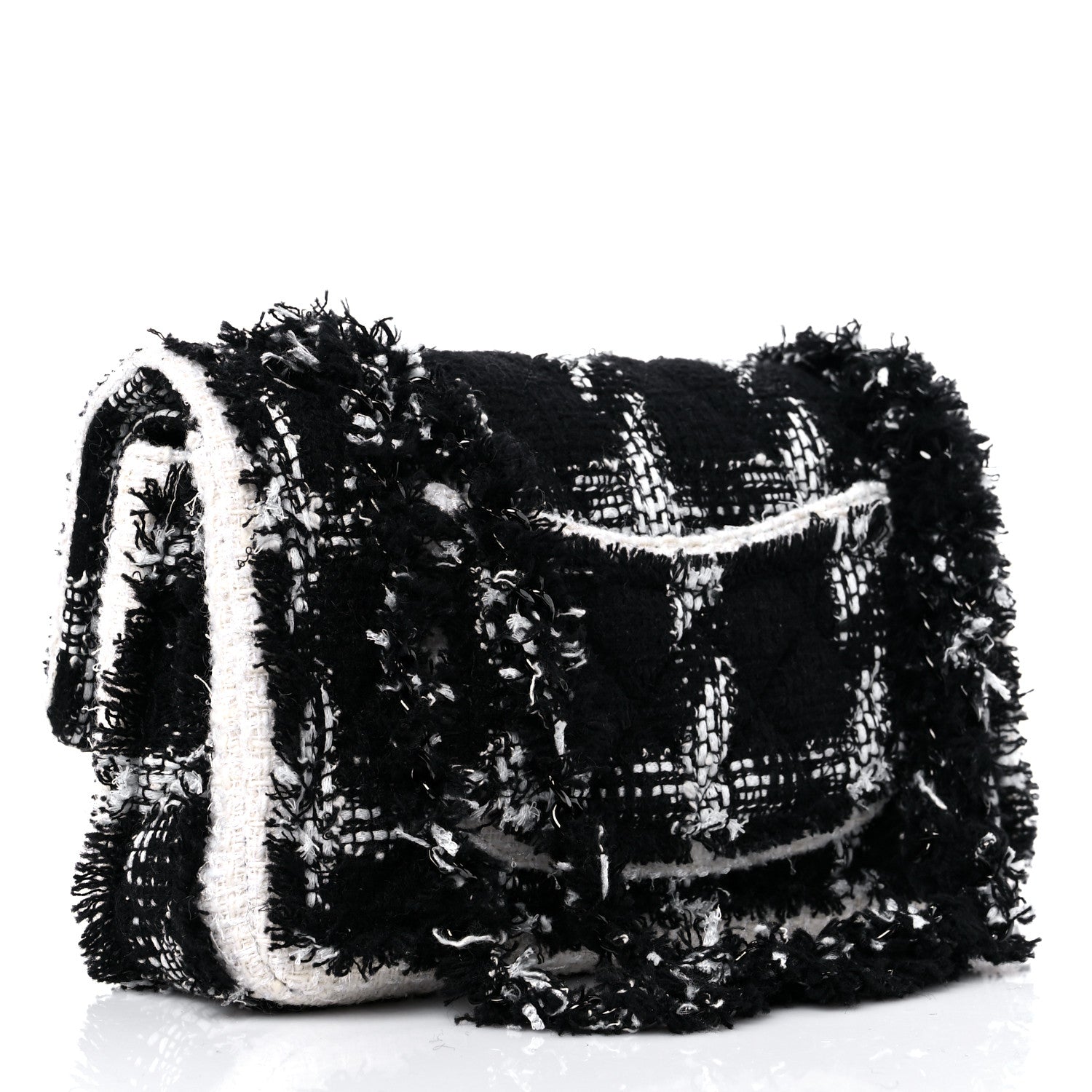 Chanel Tweed Quilted Tartan Medium Double Flap Black White 2 of 8