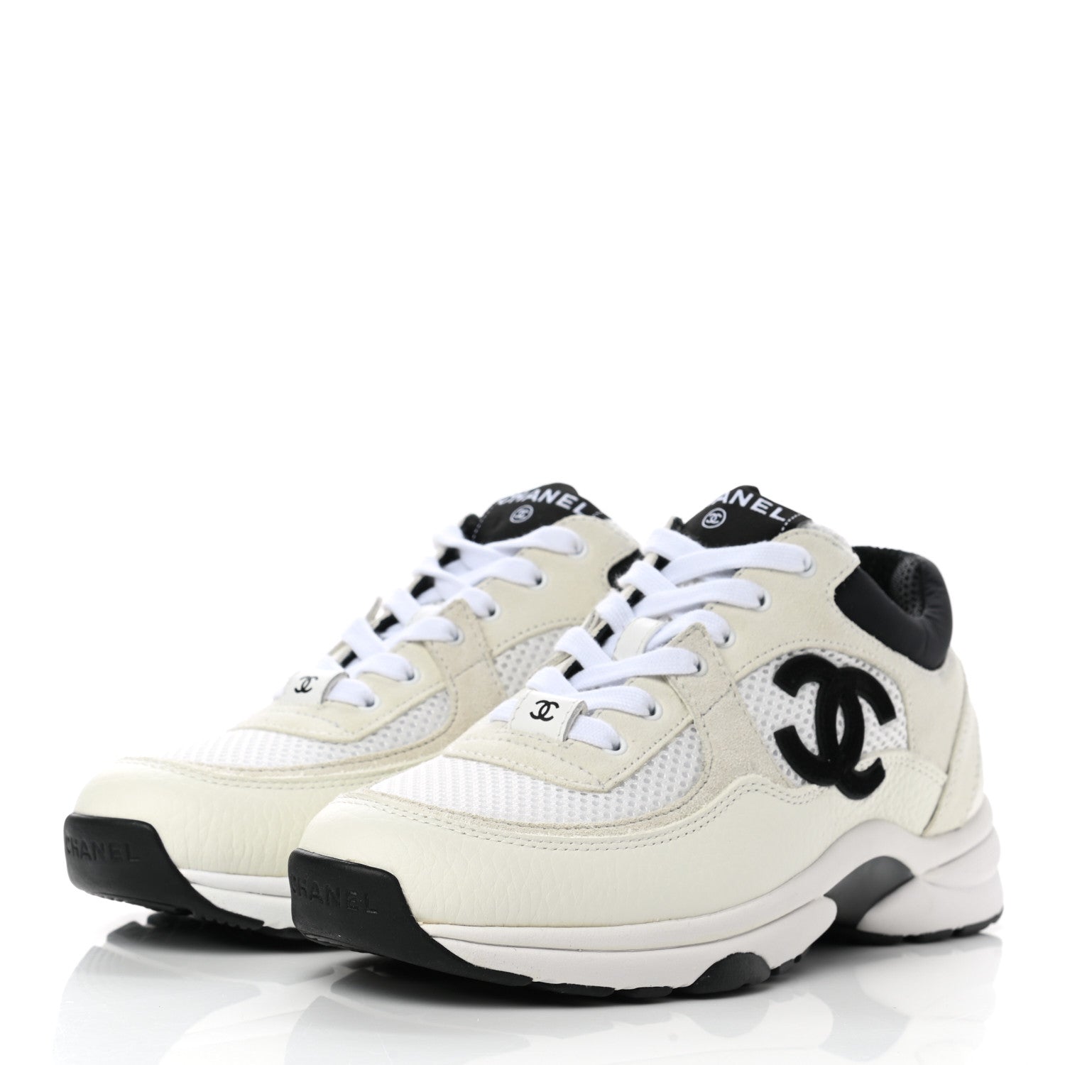 Chanel Mesh Suede Calfskin Grained Calfskin Womens CC Sneakers 37.5 White Black 3 of 8
