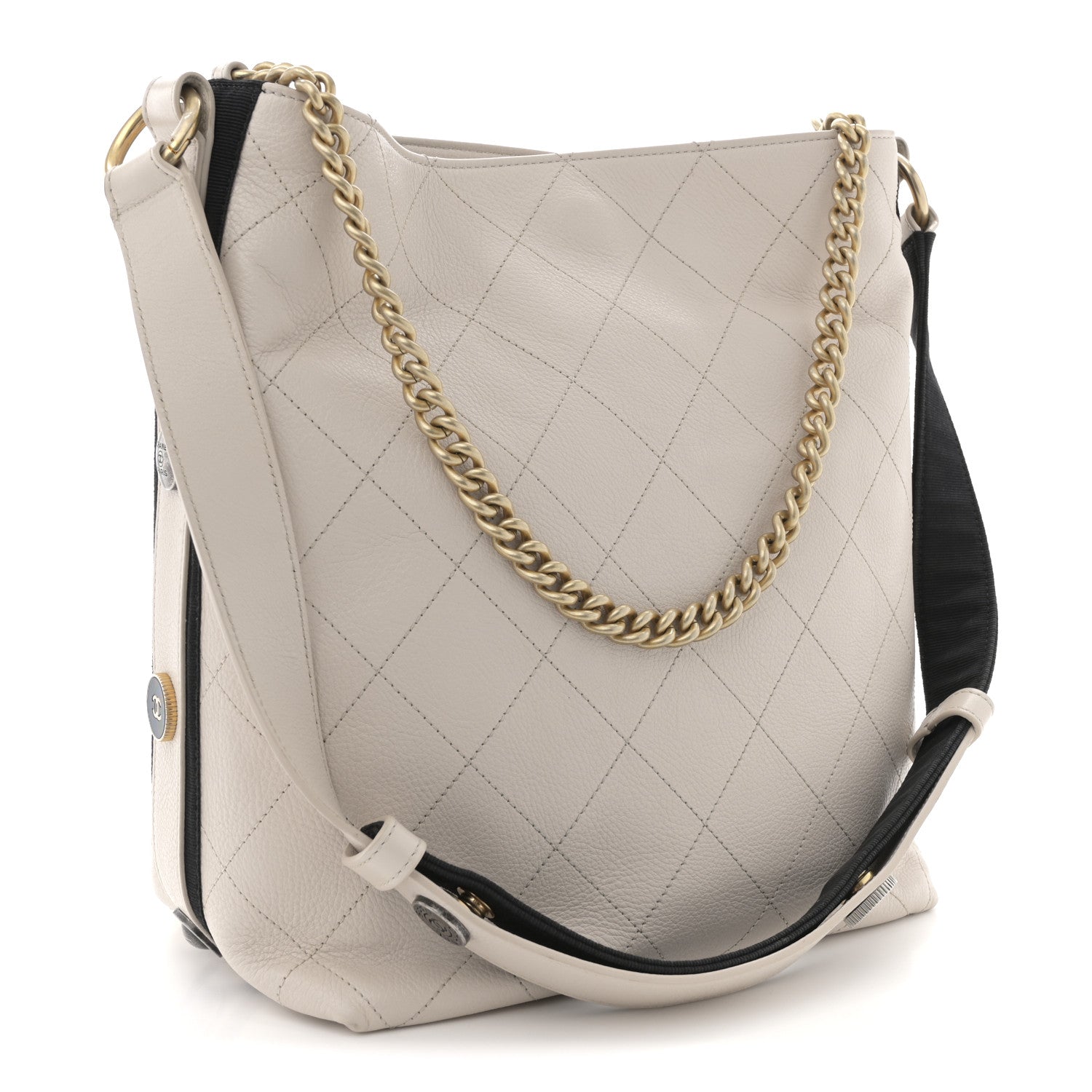 Chanel Calfskin Stitched Large Button Up Hobo Ivory Black 3 of 14