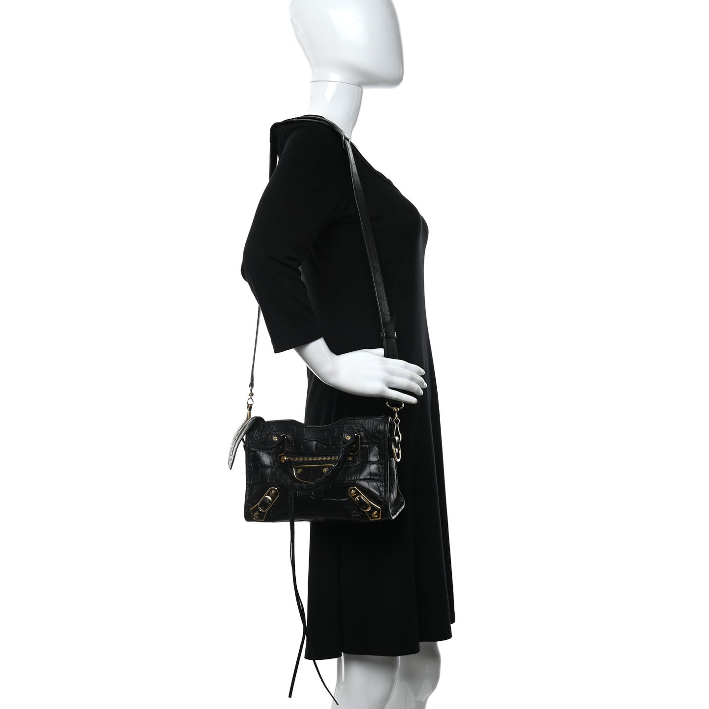 Calfskin Crocodile Embossed Gold Metallic Edge Hardware Mini City Black