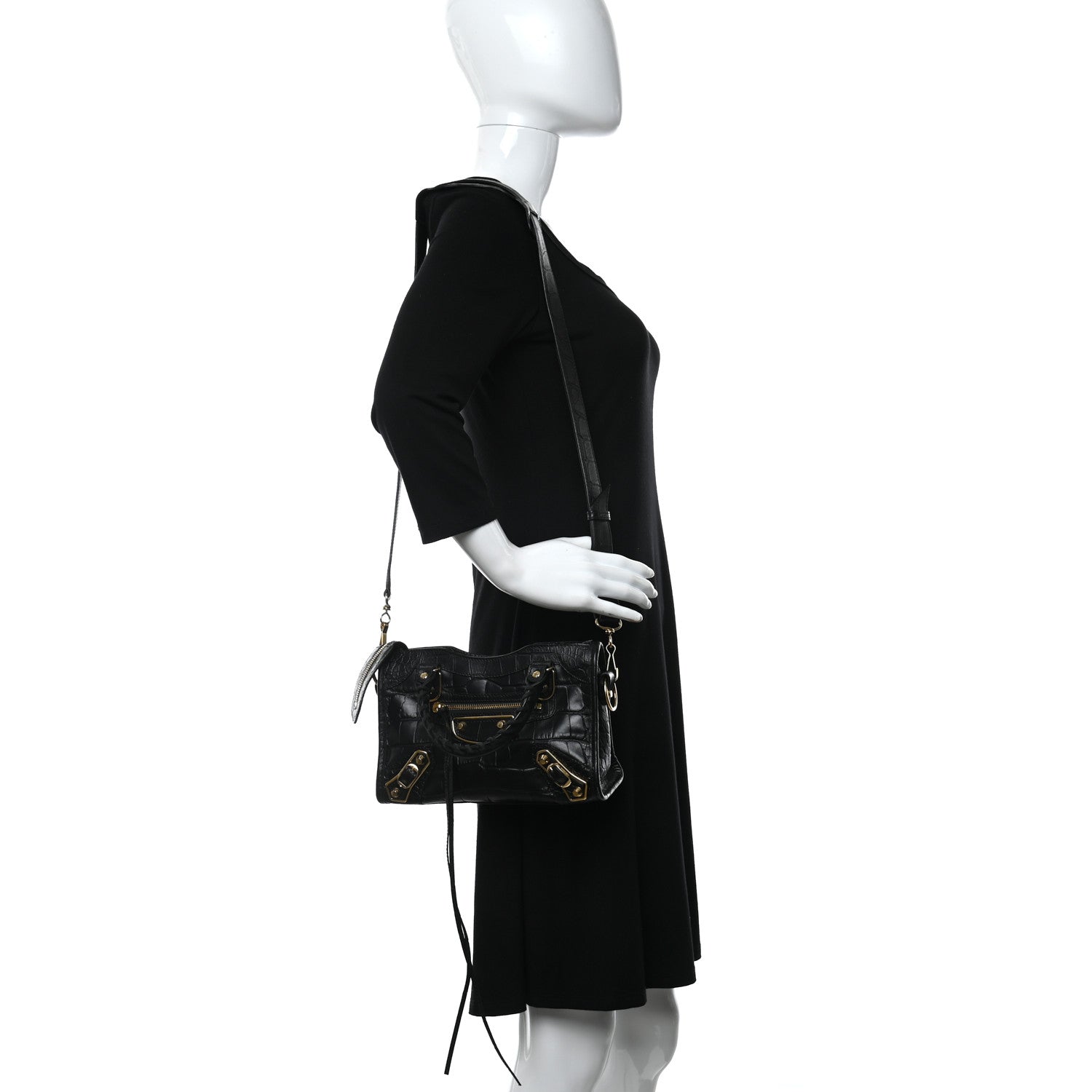 Balenciaga Calfskin Crocodile Embossed Gold Metallic Edge Hardware Mini City Black 2 of 9
