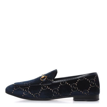 Gucci Velvet GG Monogram Horsebit Womens Jordaan Loafers 42 Blue Beige 1 of 9