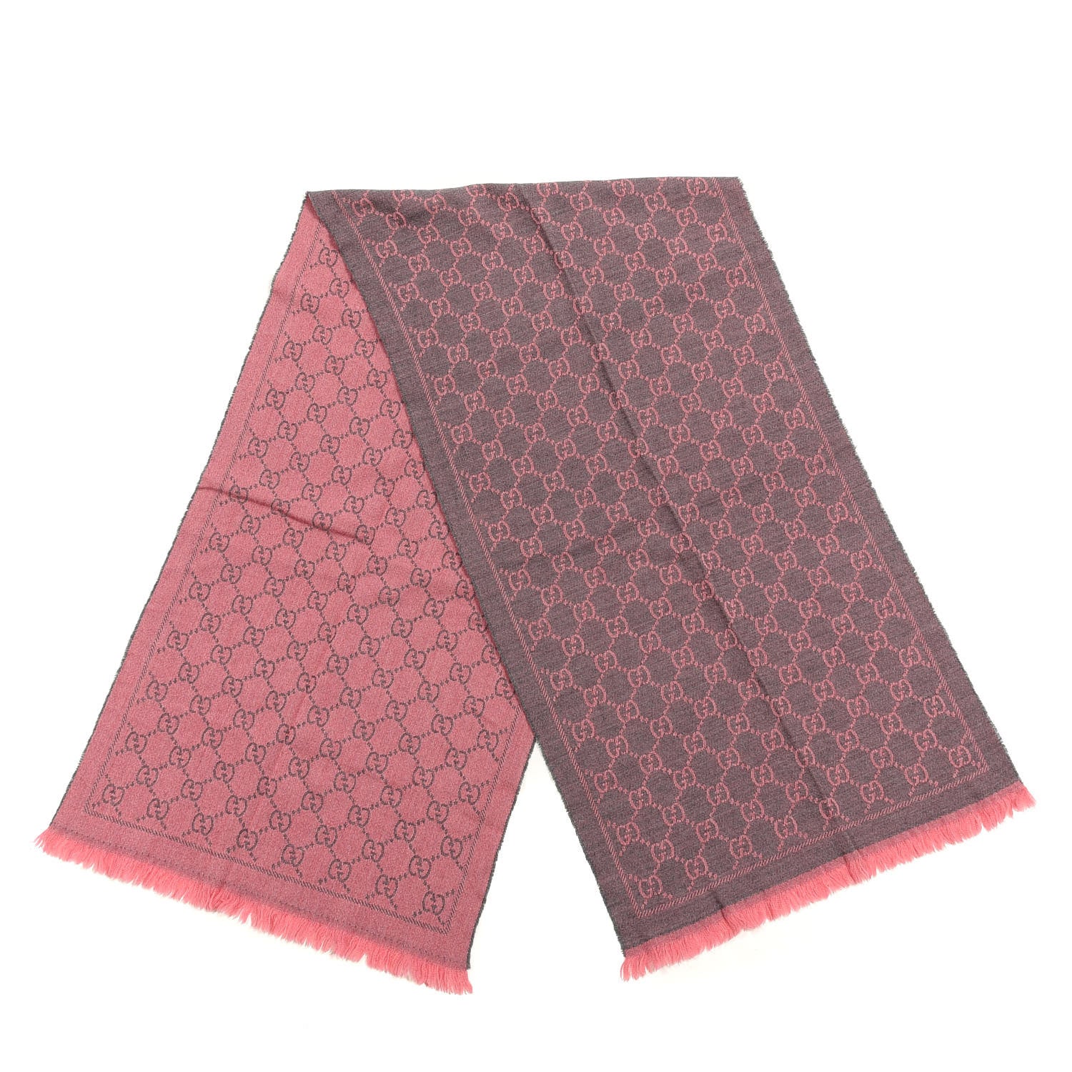 Gucci Wool Jacquard GG Monogram Sten Fringe Scarf Graphite Pink 2 of 3
