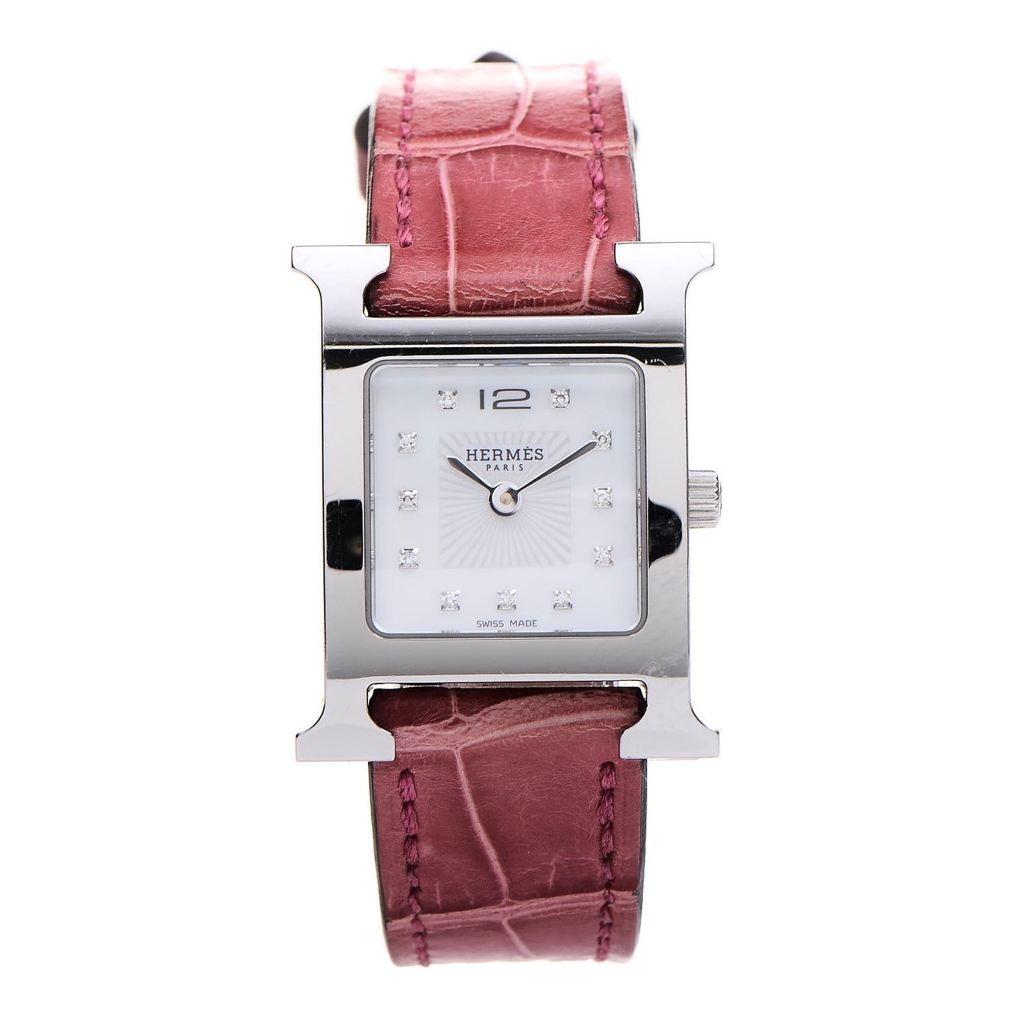 Stainless Steel Alligator Diamond Mother of Pearl 21mm Heure H Hour Quartz Watch Framboise