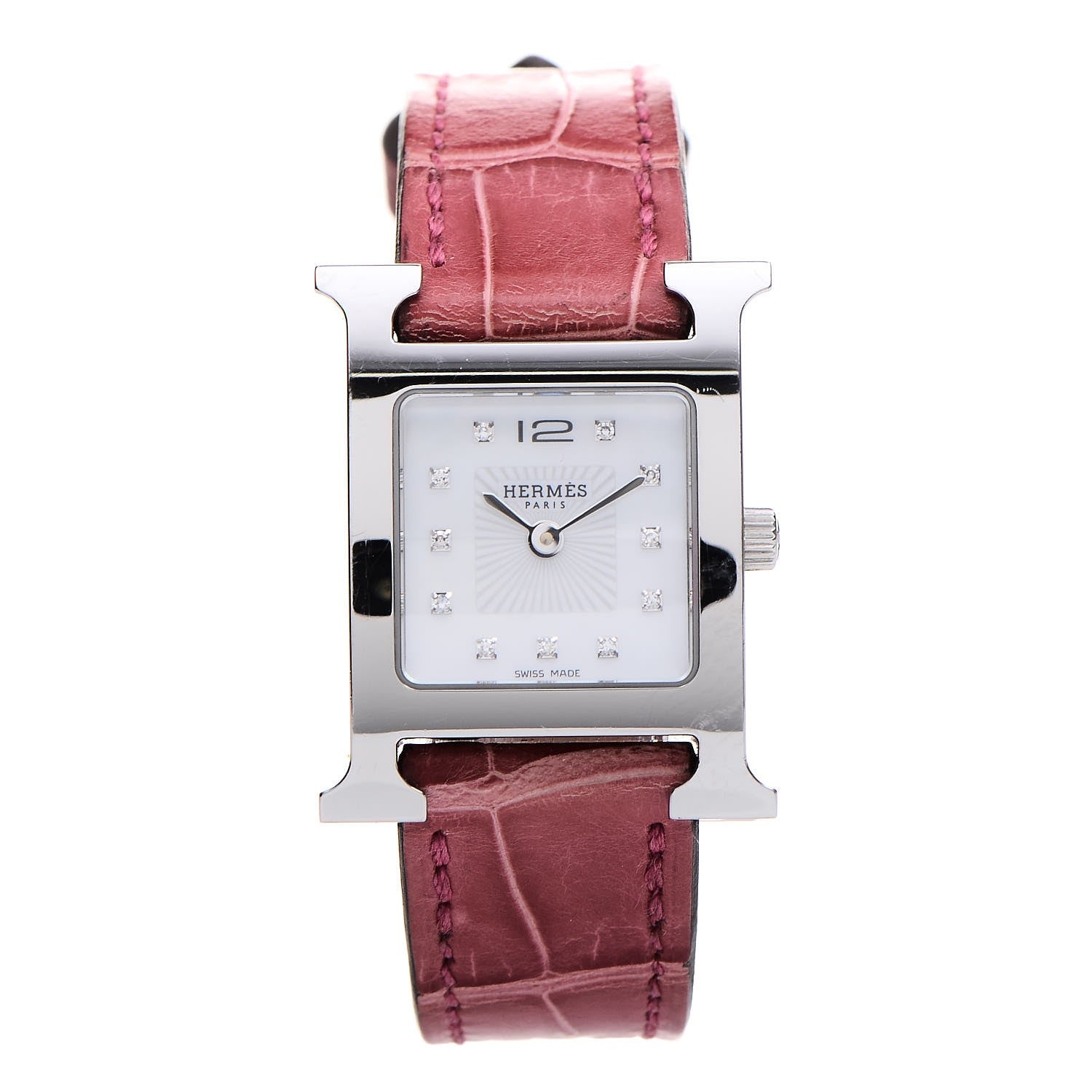 Hermes Stainless Steel Alligator Diamond Mother of Pearl 21mm Heure H Hour Quartz Watch Framboise 1 of 8