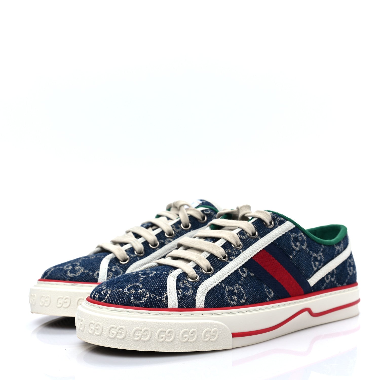Gucci New Denim GG Monogram Web Womens 1977 Tennis Sneakers 38.5 Blue Tea Mystic White 3 of 8