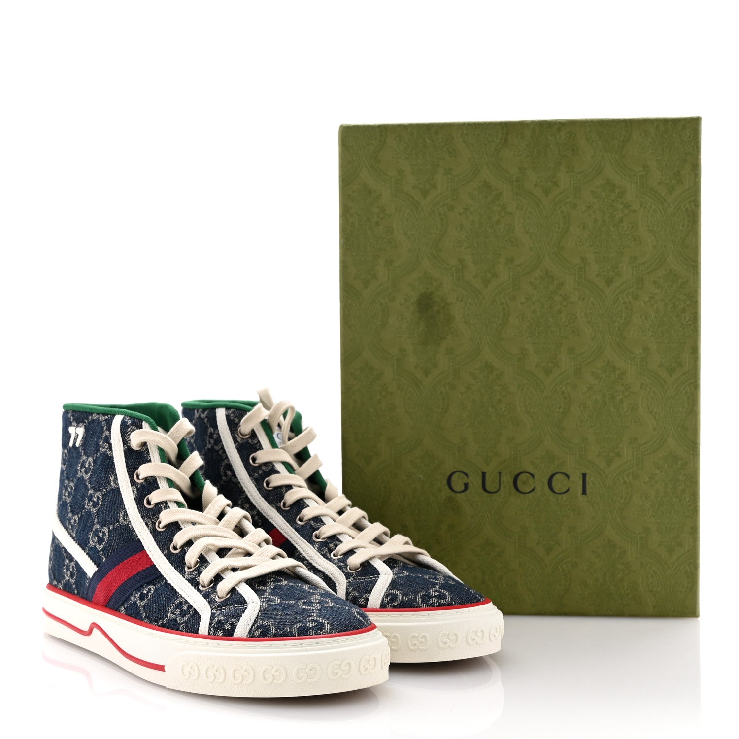 Gucci New Denim GG Monogram Web Womens 1977 Tennis High Top Sneakers 39 Blue Tea Mystic White 10 of 10