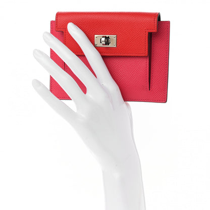 Hermes Epsom Tri-Color Kelly Pocket Compact Wallet Rouge Coeur Rose Extreme Bleu Zanzibar 2 of 8