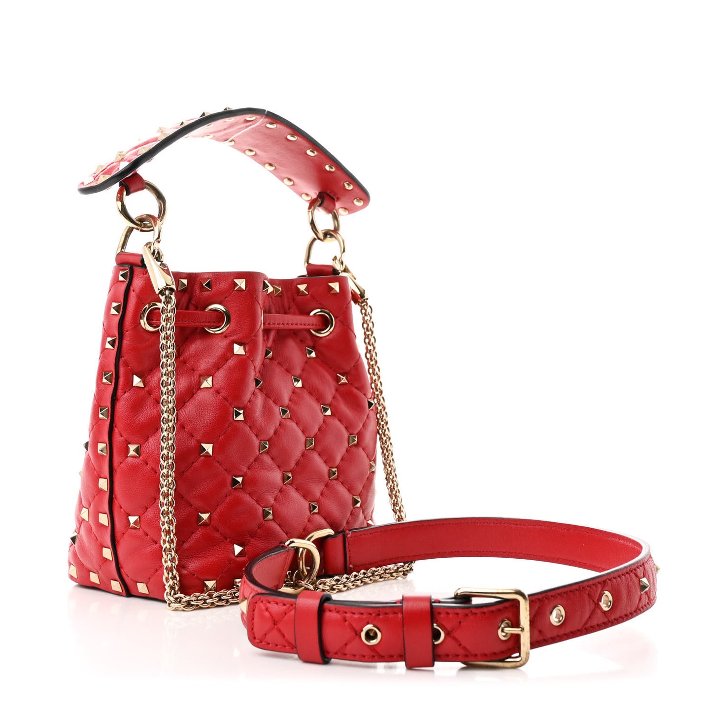 Nappa Mini Rockstud Spike Bucket Bag Rouge Pur