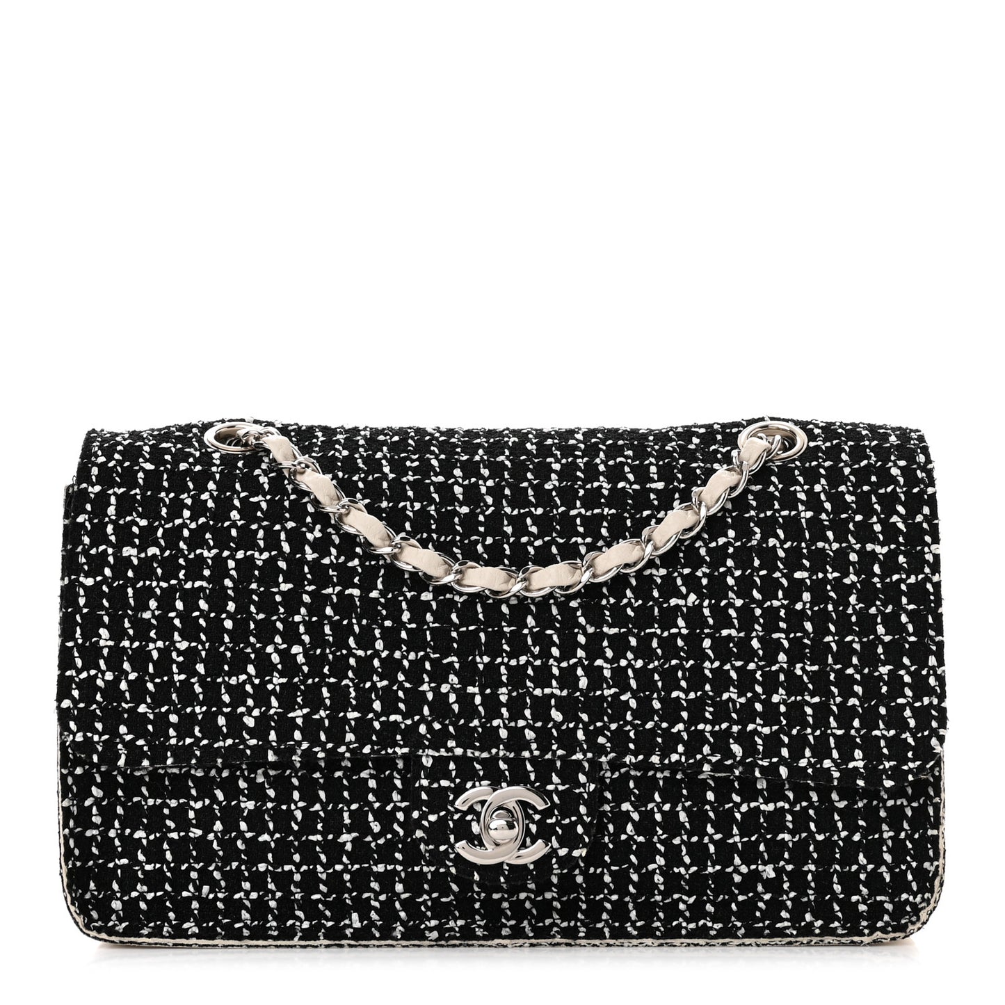 Tweed Medium Single Flap Black White